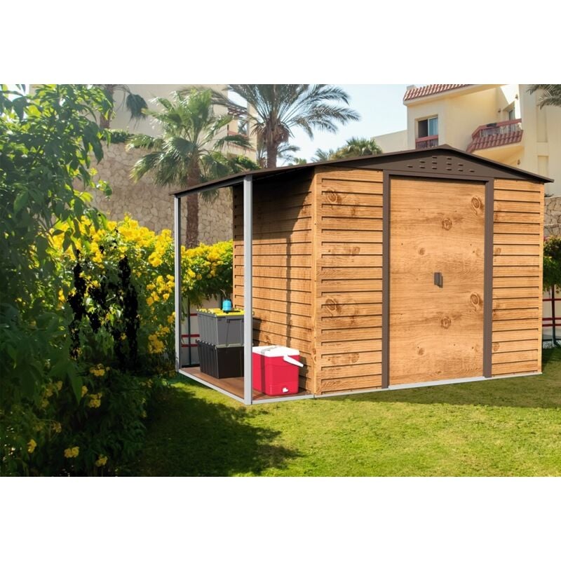 Metall-Gerätehaus Alpine 2,4x1,8m Holzoptik mit Anbau Gerätehaus aus Metall in Braun, Geräteschrank mit 0,31 mm Wandstärke Gartenhaus - Duramax