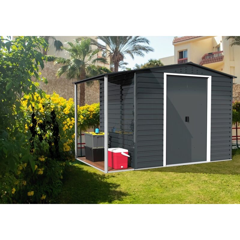 Metall-Gerätehaus Alpine 2,4x1,8m mit Anbau Gerätehaus aus Metall in Anthrazitgrau, Geräteschrank mit 0,31 mm Wandstärke Gartenhaus - Duramax