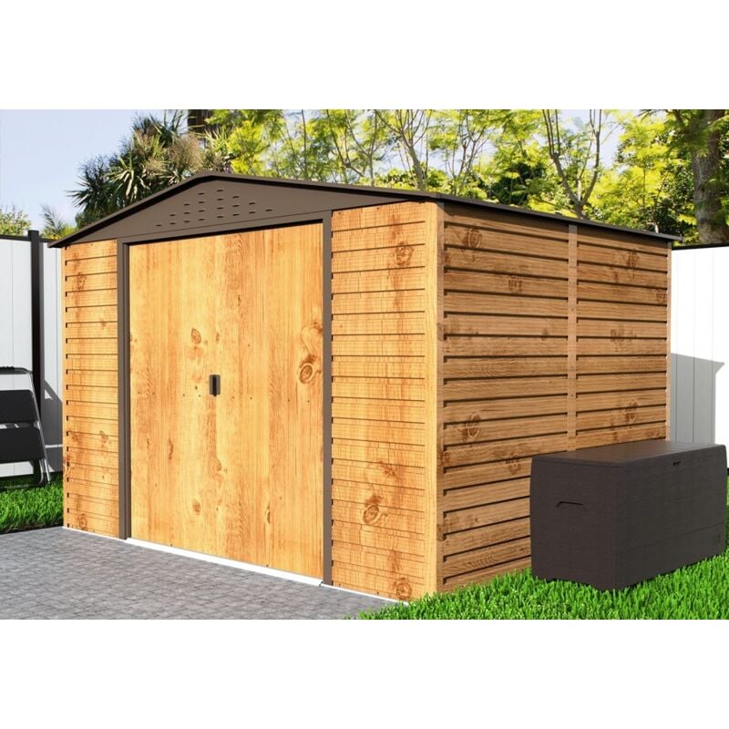 Metall-Gerätehaus Alpine 3x2,4m Holzoptik Gerätehaus aus Metall in Braun, Geräteschrank mit 0,31 mm Wandstärke Gartenhaus - Duramax