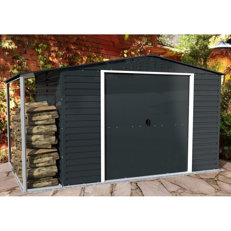 DURAMAX Metall-Gerätehaus Alpine 3x2,4m mit Anbau Gerätehaus aus Metall in Anthrazitgrau, Geräteschrank mit 0,31 mm Wandstärke Gartenhaus