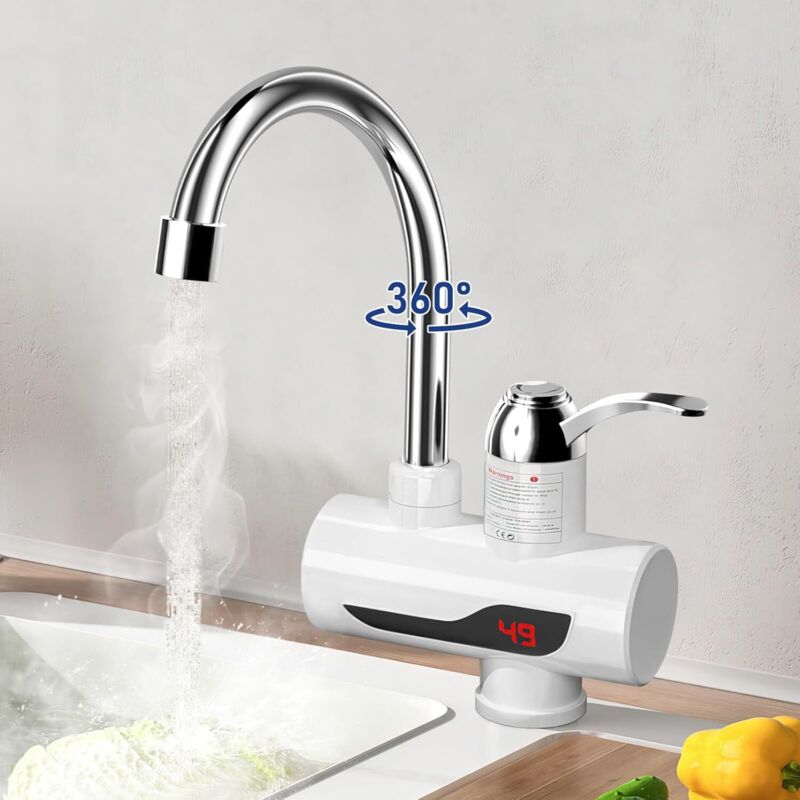 Durchlauferhitzer Wasserhahn, Küchenarmatur Heizung, 3000W 30-60 ℃ Elektrischer Durchlauferhitzer, 360° LED Wasserhahn, Warm- und Kaltwasserhahn für