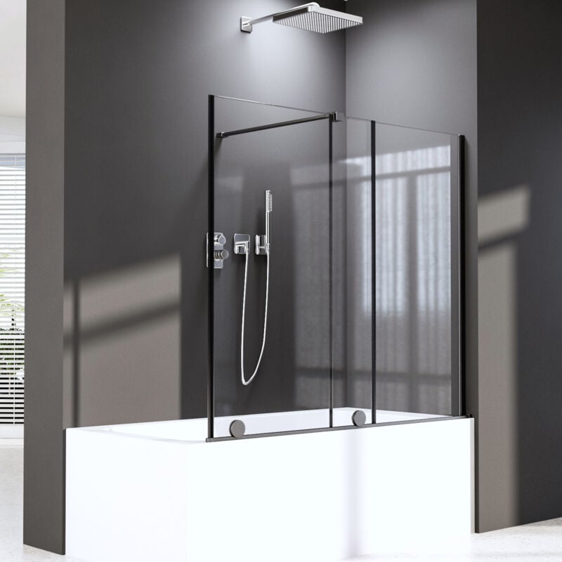 Boromal - Duschwand für Badewanne 125x120cm Schwarz Duschwand mit Schiebetür Badewannenaufsatz Duschtrennwand Duschabtrennung für Badewanne mit 6mm