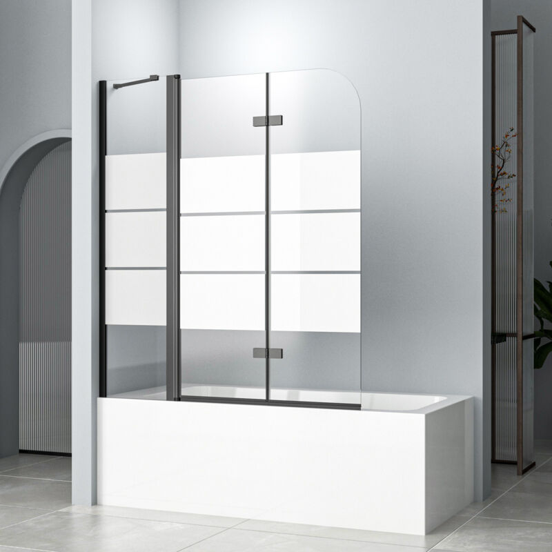 Duschwand für Badewanne 2 teilig faltbar 140 x 140 cm Gestreift Badewannenfaltwand Schwarz Duschtrennwand 5mm Nano Glas Duschabtrennung Badewanne