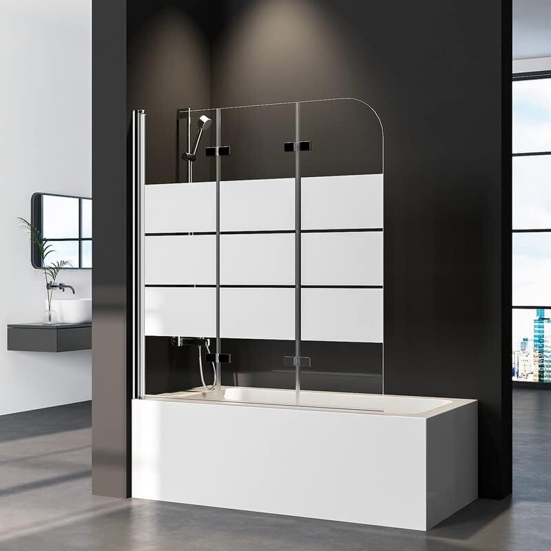 Boromal - Duschwand für Badewanne 3-teilig Faltbar 140x140 cm, Glas Klappbar Badewannenaufsatz mit Weiß Gestreift, Duschabtrennung für Badewanne aus