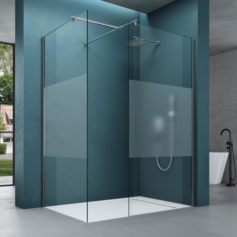 Duschwand für Dusche Duschabtrennung 120x80cm mit 2 festen Seitenelementen 8mm ESG-Sicherheitsglas Walk-In Dusche Milchglas Streifen