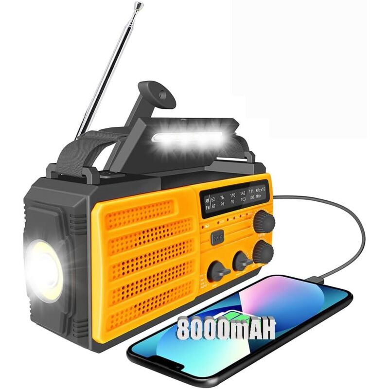 Dynamoradio, Survival-Solarradio, 3 Lademodi, Dynamoradio mit 8000 mAh Powerbank/SOS-Alarm/1 W Leselampe, Kopfhörer können angeschlossen werden,