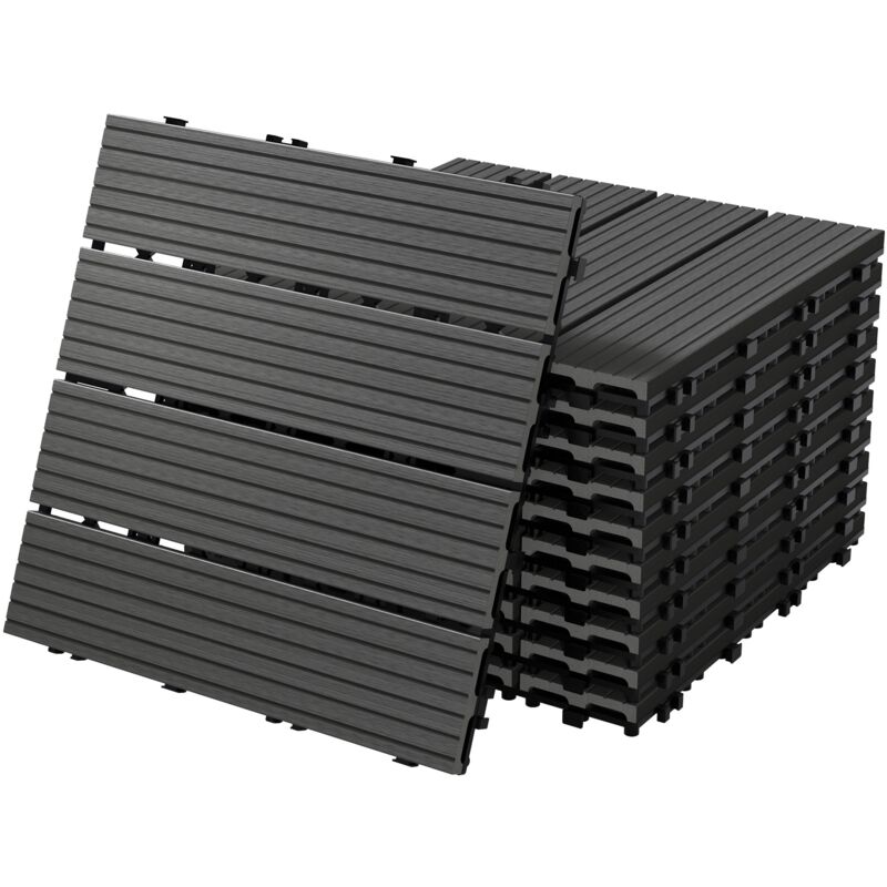 ECD Germany WPC Terrassenfliesen 30x30 cm/55 Fliesen=5m², Anthrazit, geriffelt, Holzoptik, Bodenbelag mit Klicksystem & Drainage, Terrassendielen