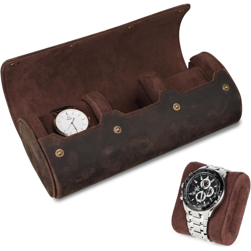 Echtes Leder-Uhrenetui für Herren – Reiseetui im Vintage-Stil für 3 Uhren – Organizer aus Crazy-Horse-Leder – Luxuriöse Geschenkbox mit Patina-Effekt