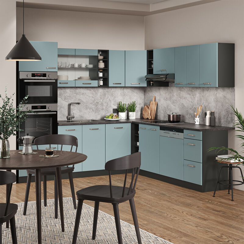 Vicco - Einbauküche R-Line, Blau-Grau/Anthrazit, 237 x 60 cm ohne Arbeitsplatte