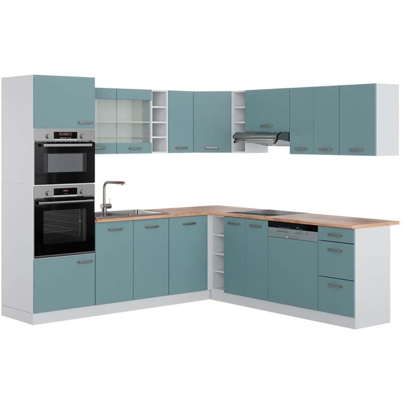 Einbauküche in L-Form R-Line, Blau-Grau/Weiß, 237 x 247 cm , AP Eiche, Vicco