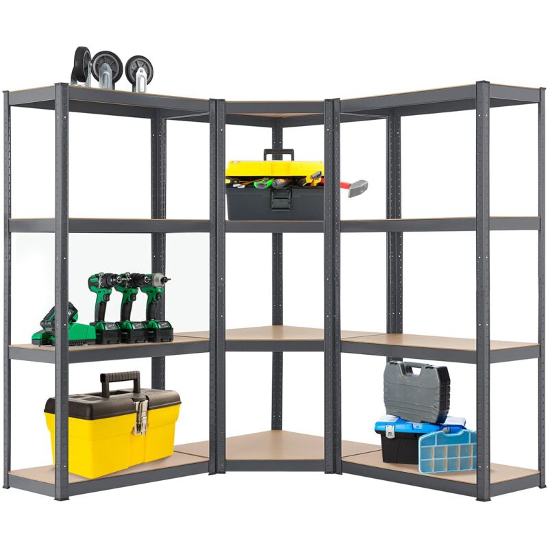 3er Metall Regalsystem Easy - 1 Eckregal & 2 Lagerregale - 12 mdf Holz Böden, 960 kg, verzinkt, Stecksystem - Schwerlastregal Steckregal Grau - Juskys