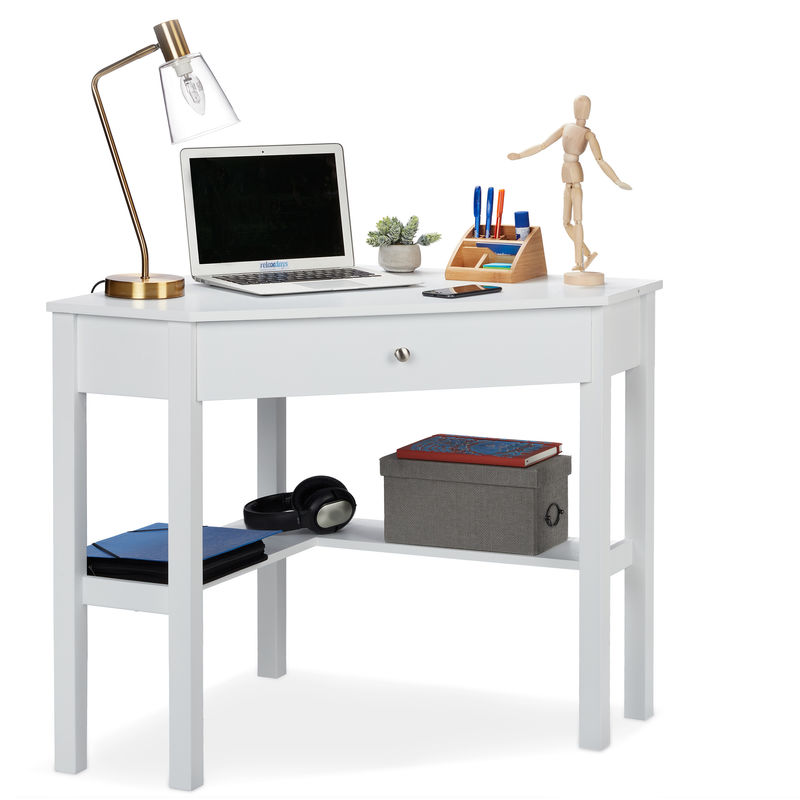 Relaxdays - Eckschreibtisch, Ablage & Schublade, platzsparend, Büro, Arbeitszimmer, Landhausstil, hbt: 76x107x72 cm, weiß