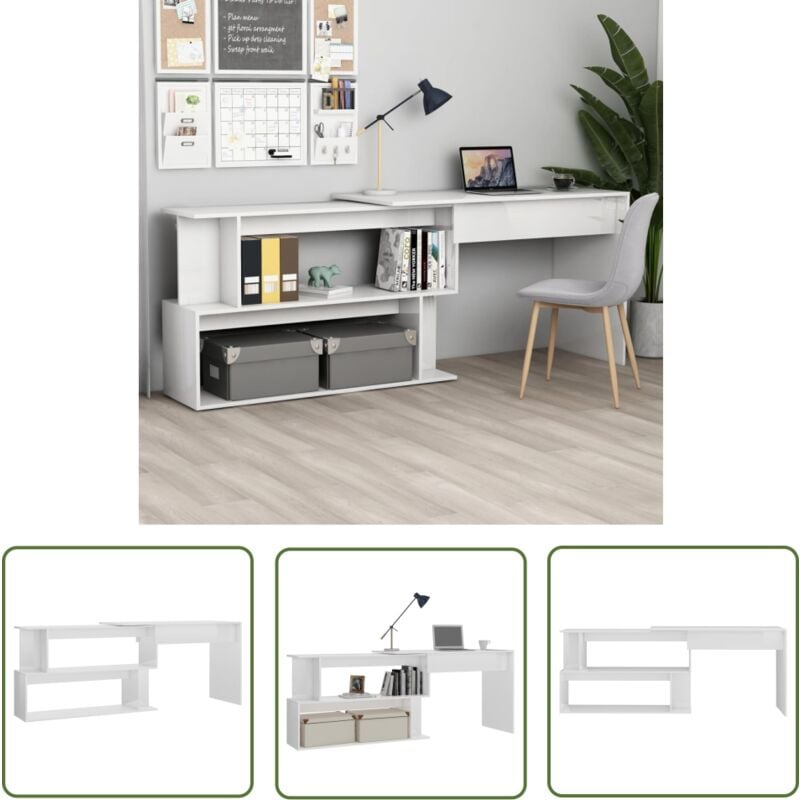 The Living Store Eckschreibtisch Hochglanz-Weiß 200x50x76 cm Holzwerkstoff - Eckschreibtisch - Schreibtisch - Weißer Schreibtisch - Holzwerkstoff