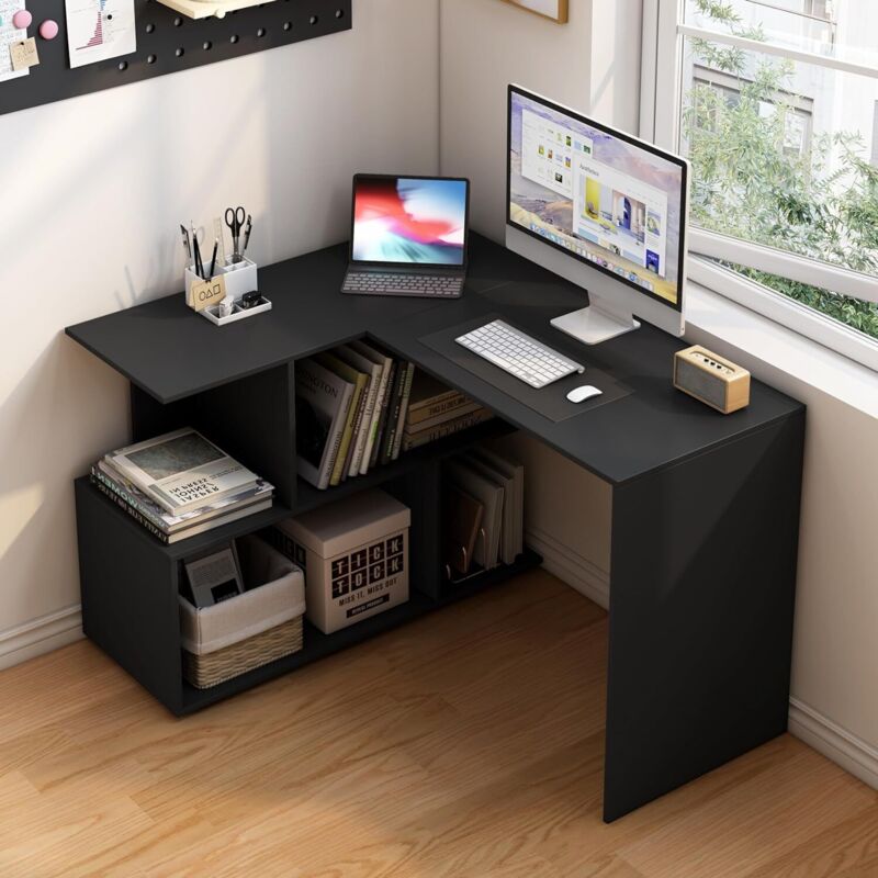 Schreibtisch, Computertisch L-Form, Eckschreibtisch mit Ablagefächern, Winkelschreibtisch mit Stauraum, Bürotisch Arbeitstisch, pc Laptop Tisch, aus