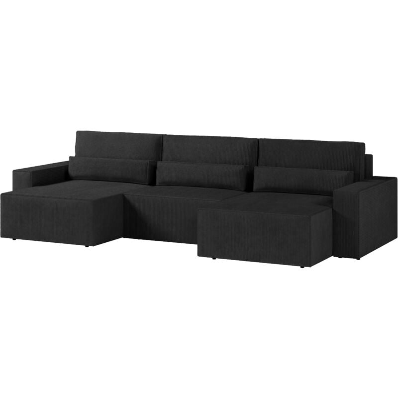 Ecksofa aus Cord-Velours, Sofa für Wohnzimmer, wandelbares Sofa mit Stauraum, U-förmiges Sofa mit Schlaffunktion – denver mini u (Schwarz – Poso 135)