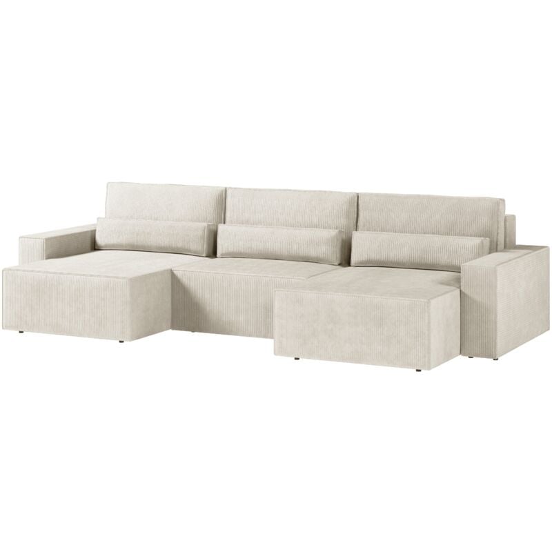 Ecksofa aus Cord-Velours, Sofa für Wohnzimmer, wandelbares Sofa mit Stauraum, U-förmiges Sofa mit Schlaffunktion – denver mini u (Weiß – Poso 38)