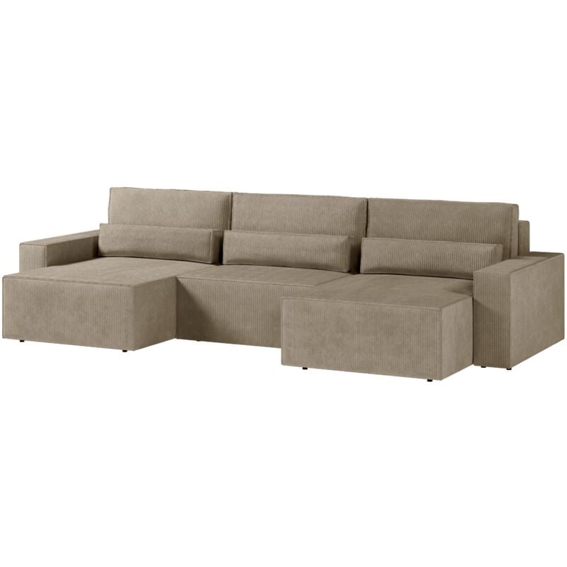 Ecksofa aus Cord-Velours, Sofa für Wohnzimmer, wandelbares Sofa mit Stauraum, U-förmiges Sofa mit Schlaffunktion – denver mini u (Dunkelbeige – Poso
