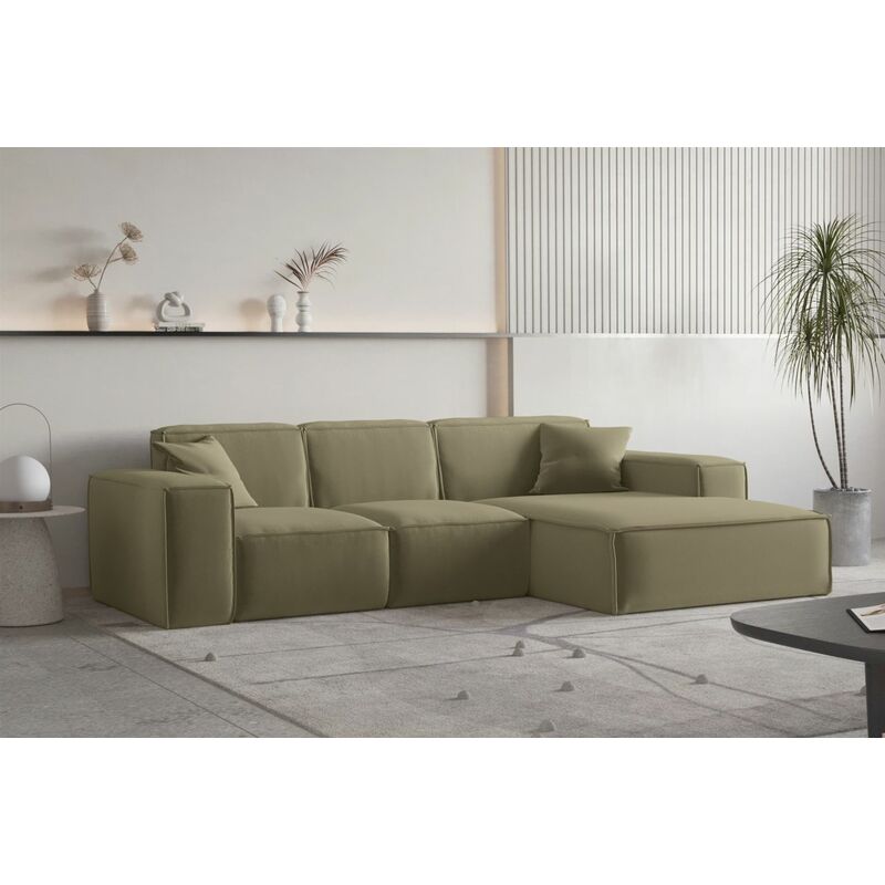 Fun Moebel - Ecksofa Designersofa celes premium Stoff Opera Velvet Olivgrün Ottomane Rechts