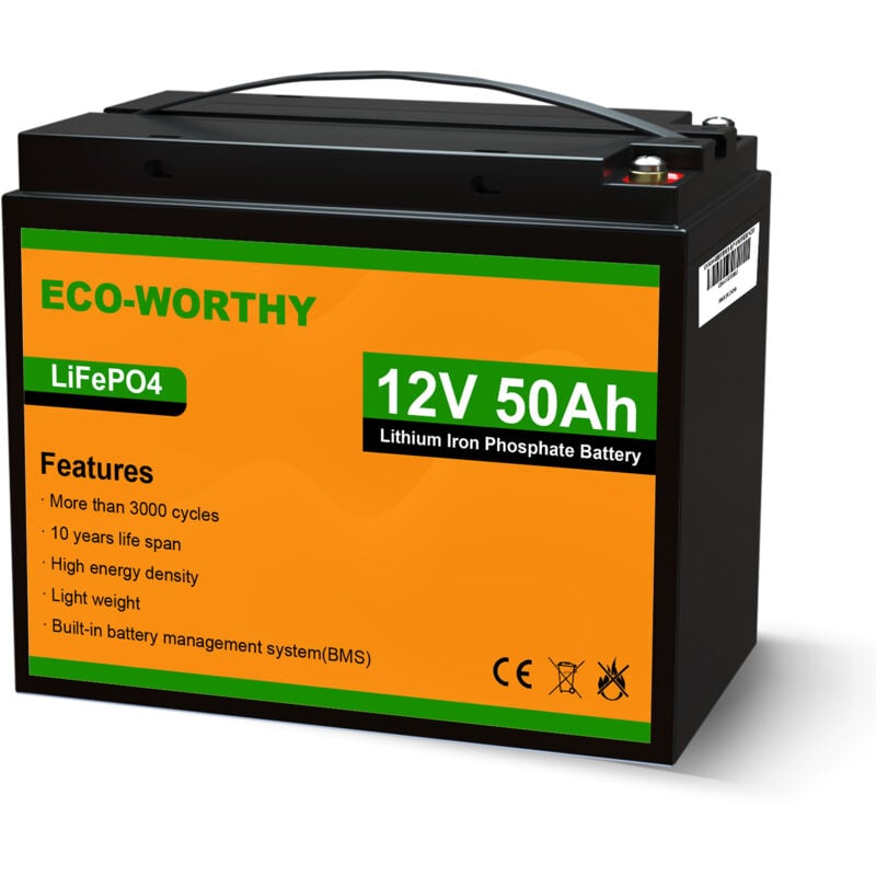 Eco-worthy - 12V 50Ah LiFePO4 Akku Lithium batterie wiederaufladbar mit über 3000 Mal Tiefzyklus und BMS-Schutz für Wohnmobile, Boote, Solaranlagen,