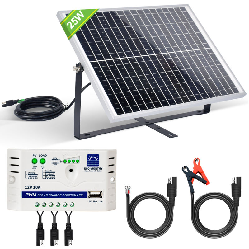 ECO-WORTHY Solarpanel 25 Watt 12V monokristallines Solarmodul-Kit: 25W Solarmodul + 10A Laderegler + SAE Anschlusskabel für Hühnerstall Toröffner,