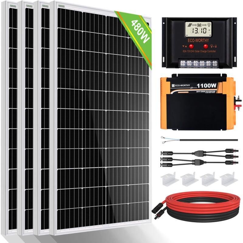 ECO-WORTHY 2kWh solaranlage 480W 12V Solarpanel Kit mit Wechselrichter Solarmodul System für netzunabhängige Wohnmobile:4 Stücke 120W Solarmodul +