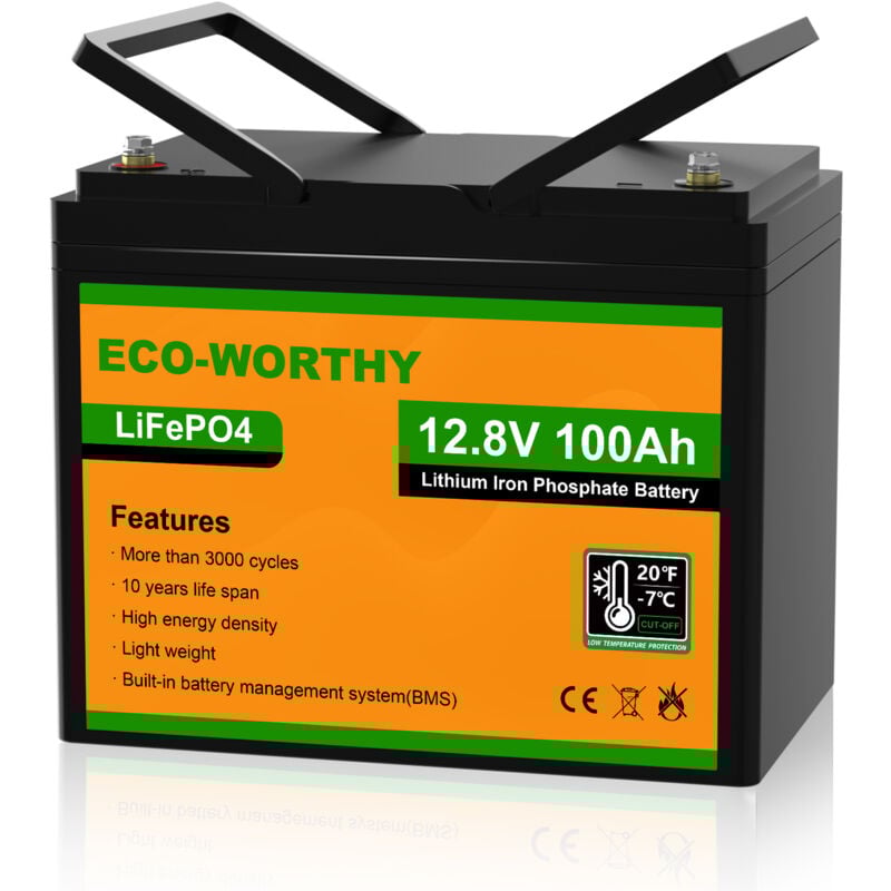 Eco-worthy - 12V 100Ah Low Temp Cut-Off LiFePO4 Akku Lithium Batterie mit 100A bms schutz und 3000-15000 Zyklen,1280Wh Lithiumbatterie für
