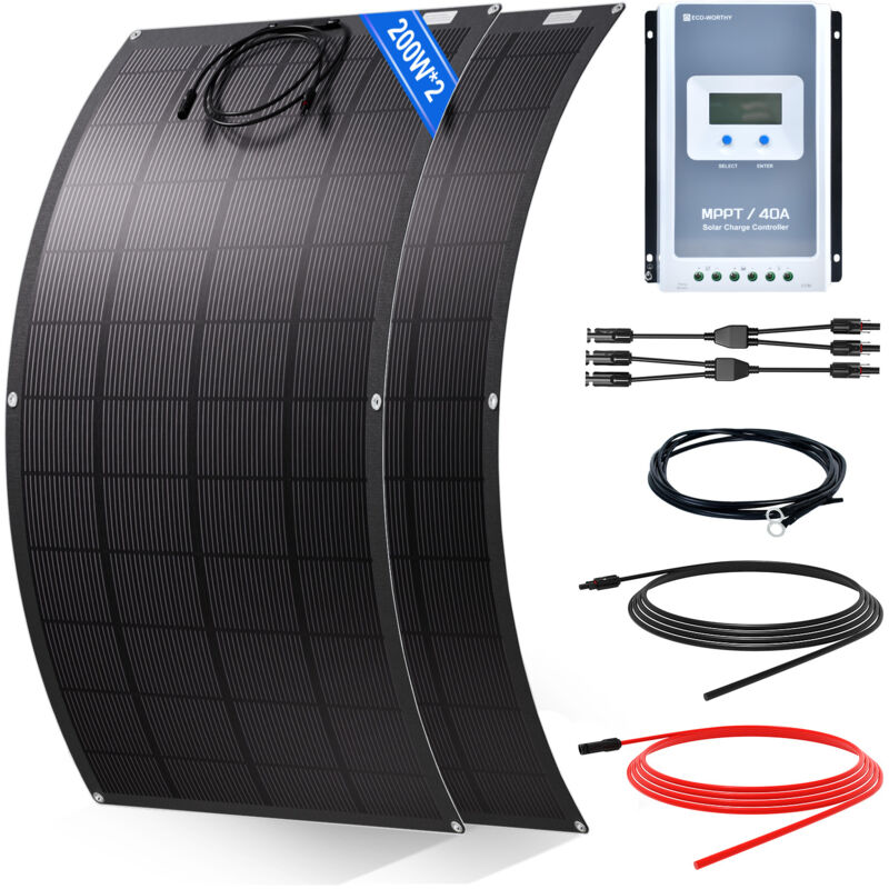 ECO-WORTHY 400W 18V Flexibel Solarpanel Kit Solaranlagen: 2 Stücke 200W 18V Flexibe Solarmodul + 40A MPPT-Laderegler + 5m Solarkabel für Wohnwagen,