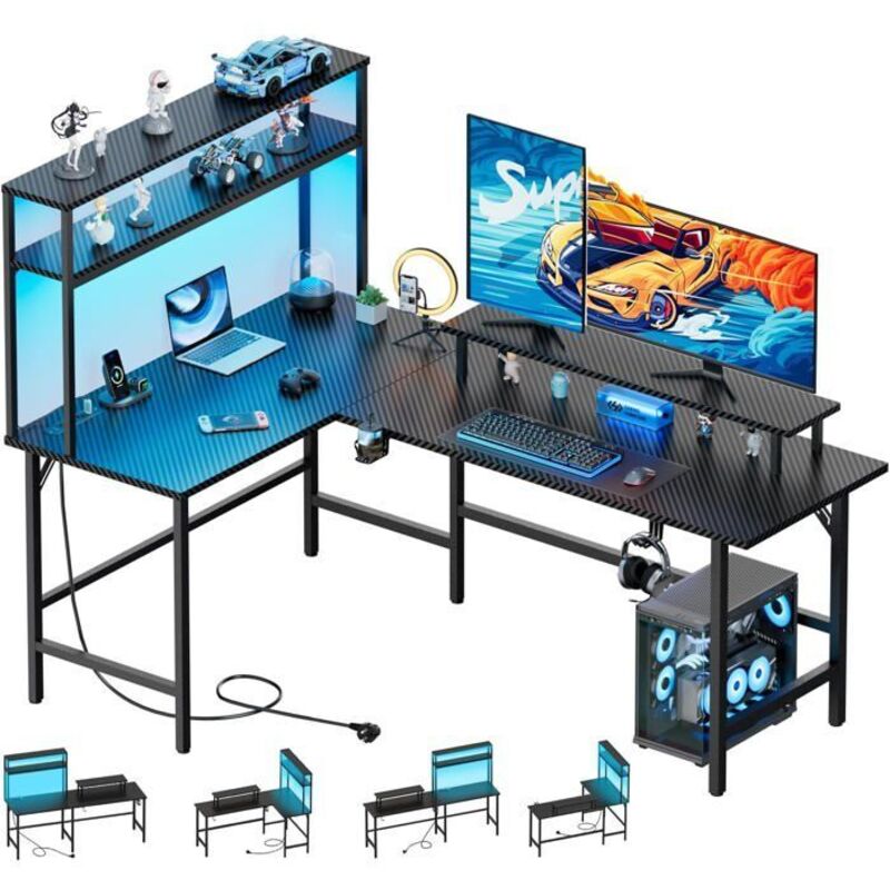 EcoFurnix Büro, Büro Gaming LED 150 x 100 cm, mit Stauraum, Gamer Tisch mit integrierter Steckdose & USB-Anschluss, schwarzes Carbonfaser