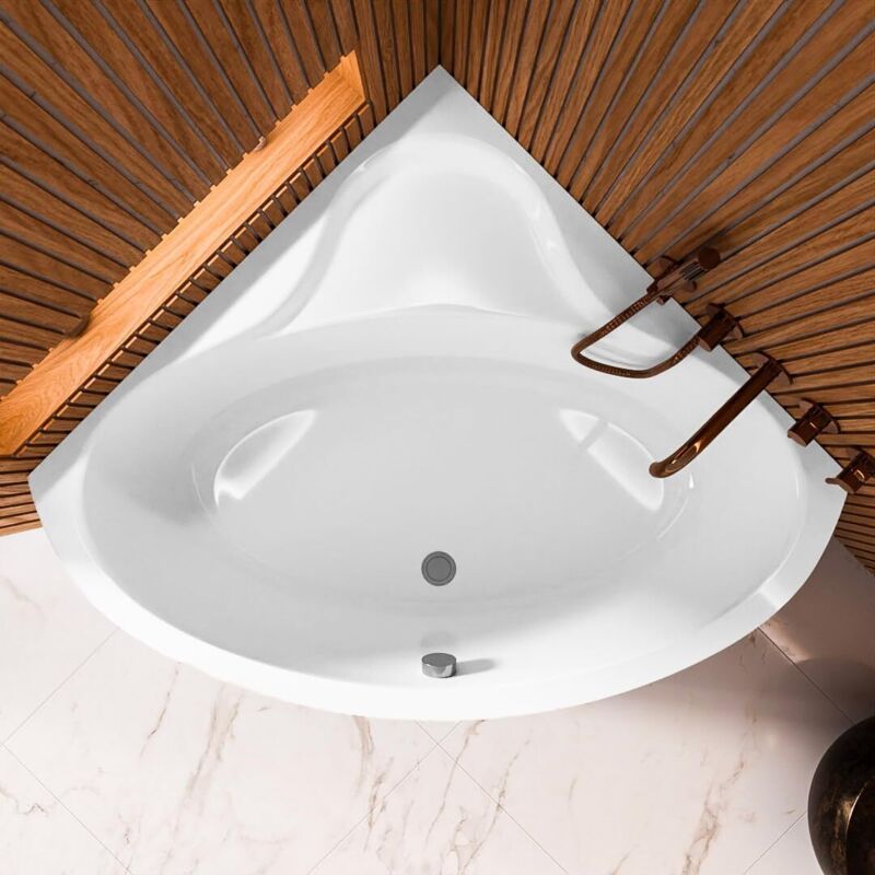 ECOLAM Badewanne BALA 130 x 130 cm Eckbadewanne Acrylwanne symmetrisch weiß glänzend Ablaufgarnitur Ab- und Überlauf Füße Silikon