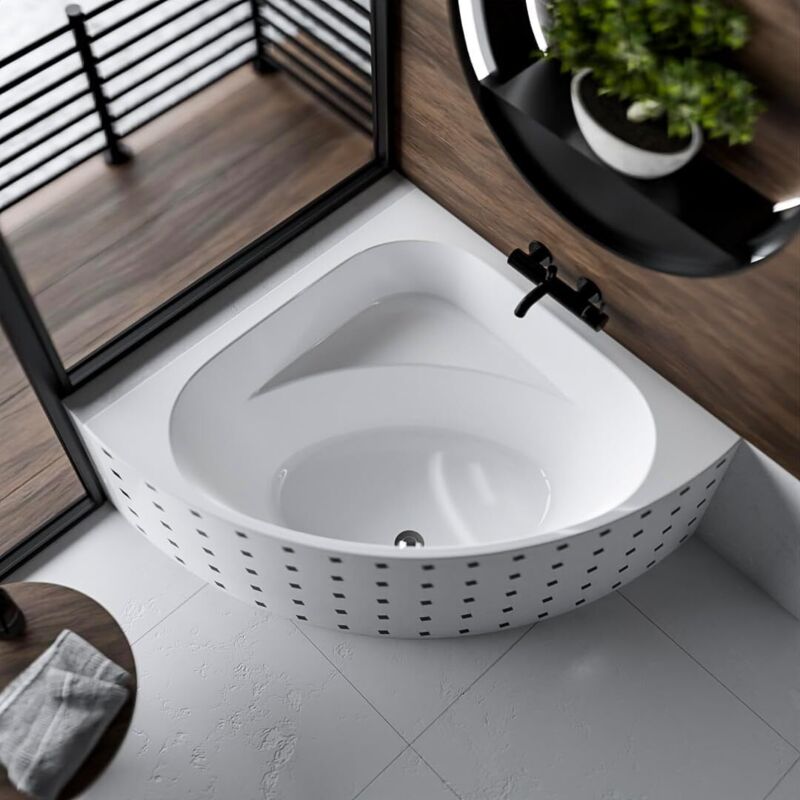 ECOLAM Badewanne DINA 140 x 140 cm Eckbadewanne Acrylwanne symmetrisch weiß glänzend Ablaufgarnitur Ab- und Überlauf Füße Silikon