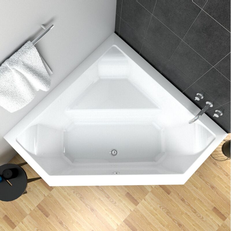 ECOLAM Badewanne IRMA 140 x 140 cm Eckwanne Eckbadewanne Fünfeckform symmetrisch Wanne mit Sitz Acryl weiß glänzend Ablaufgarnitur Ab- und Überlauf