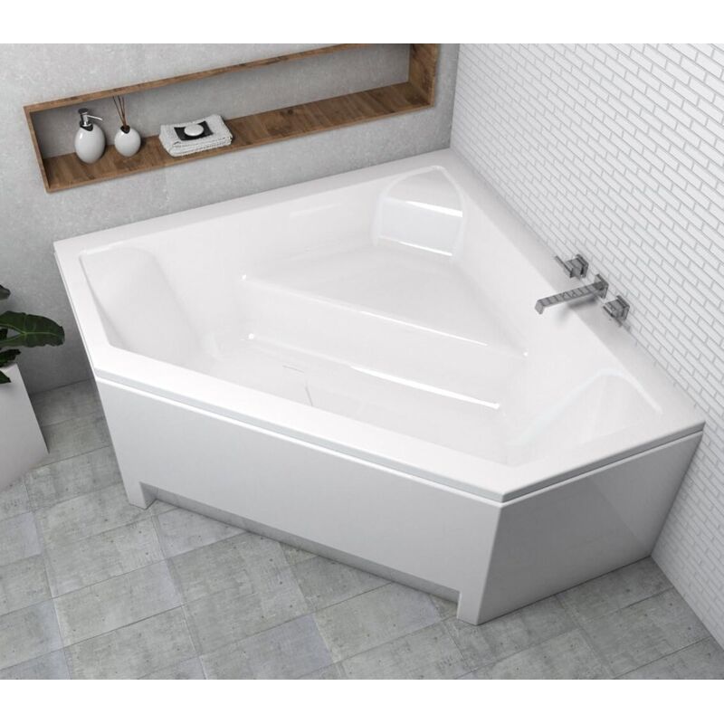ECOLAM Badewanne IRMA 140 x 140 cm + Schürze Eckwanne Eckbadewanne Fünfeckform symmetrisch Wanne mit Sitz Acryl weiß glänzend Ablaufgarnitur Ab- und