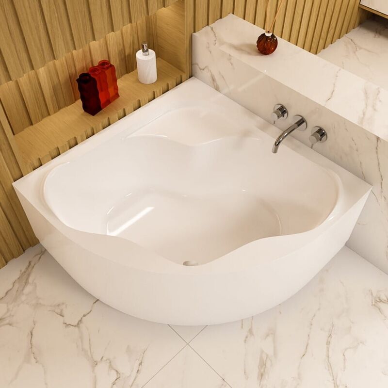 ECOLAM Badewanne SELMA 150 x 150 cm + Schürze Verkleidung Eckbadewanne Acrylwanne symmetrisch weiß glänzend Ablaufgarnitur Ab- und Überlauf Füße