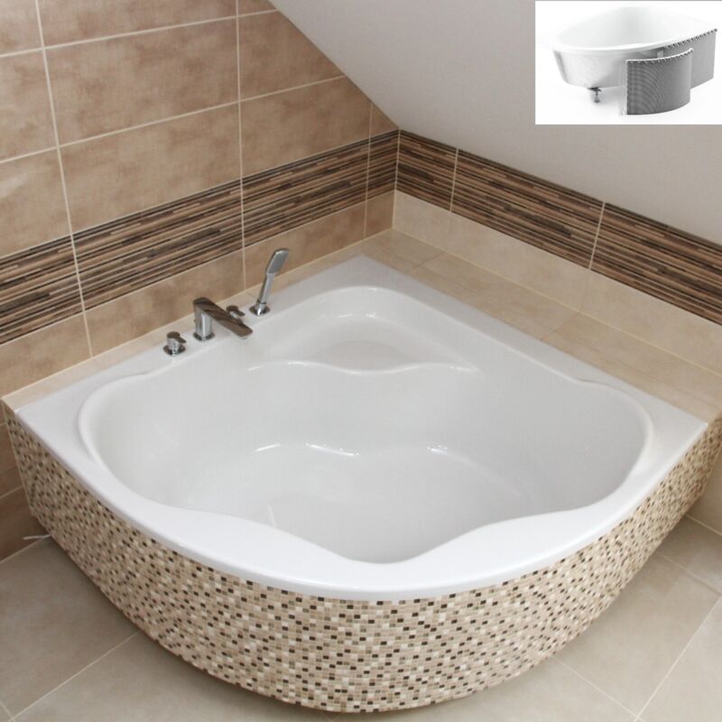 ECOLAM Badewanne SELMA 150 x 150 cm + Styropor Verkleidung Befliesenbar Eckbadewanne Acrylwanne symmetrisch Ablaufgarnitur Ab- und Überlauf Füße