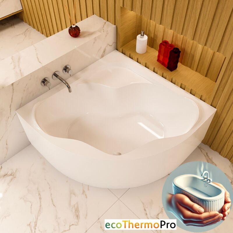 ECOLAM Badewanne Thermobadewanne Selma 140x140 cm Eckbadewanne Komplettset Schürze Wanne mit Isolierung ecoThermoPro Wärmeschutz Acryl Ablaufgarnitur