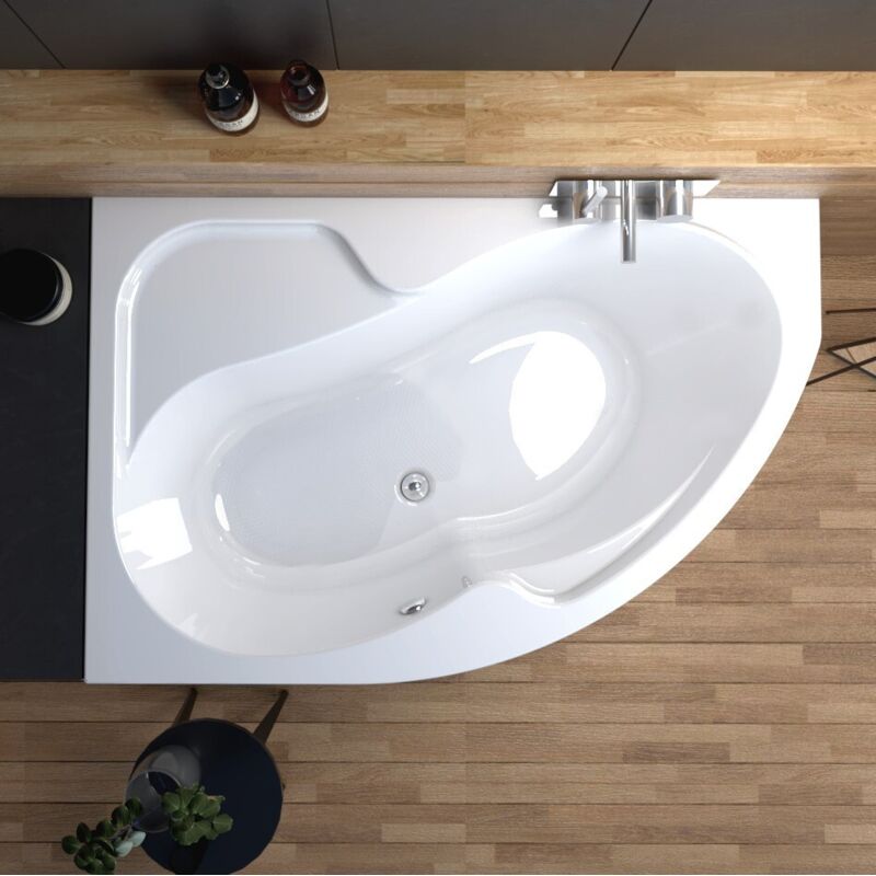 ECOLAM Badewanne WELA 150x100 cm links Eckbadewanne Acrylwanne antirutsch weiß glänzend mit Sitz Ablaufgarnitur Ab- und Überlauf Füße Silikon