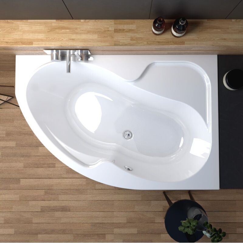 ECOLAM Badewanne WELA 160x100 cm rechts Eckbadewanne Acrylwanne antirutsch weiß glänzend mit Sitz Ablaufgarnitur Ab- und Überlauf Füße Silikon