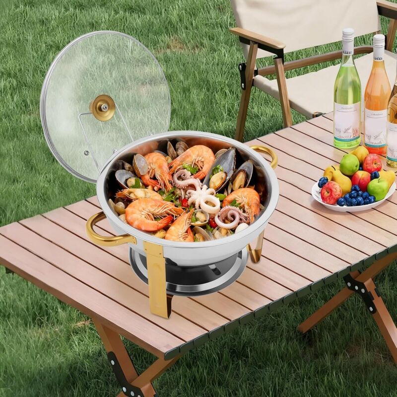 Edelstahl Chafing Dish Rund, 5L Speisenwärmer Buffetwärmer Wärmebehälter mit Glas-Sichtdeckel und Deckelhalter für Hotel Catering Buffet Hochzeit und