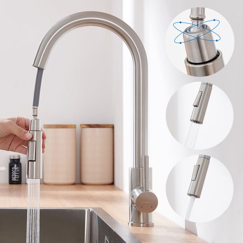 Edelstahl Wasserhahn Küche ausziehbar mit 2 Strahlarten 360° drehbar Hochdruck Küchenarmatur, Einhebelmischer Armatur Küche Spültischarmatur
