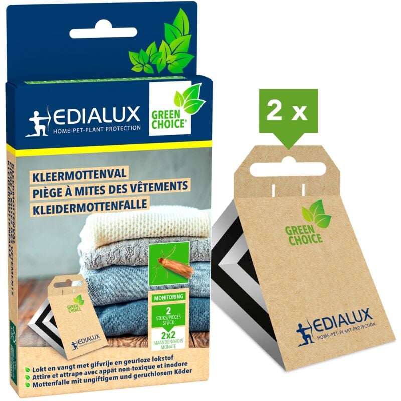 Edialux - Kleidermottenfalle und Mottenfalle, 2 giftfreie, geruchlose Fallen, für 10m², Textilien und Kleiderschränke, 2 Monate Schutz