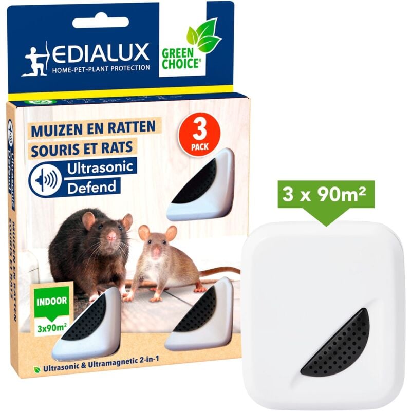 Edialux - Mäusevertreiber und rattenabwehr, ultraschall anti-ratten 3er-pack, mäuse und ratten vertreiben, haustiersicher, plug-and-play, schützt bis