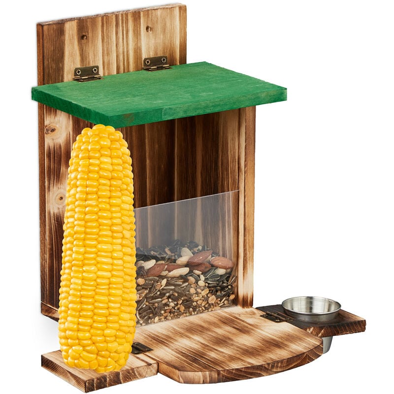 Relaxdays Eichhörnchen Futterhaus, Holz, Eichhörnchenfutterstation mit Maiskolbenhalter, Napf, Sitzplattform, natur/grün