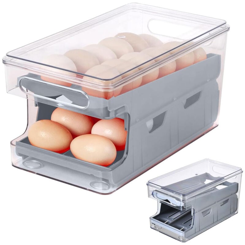 Eierbehälter für Kühlschrank, Doppelspuriger automatischer Roll-Eierhalter für Kühlschrank, Aufbewahrungsbox mit Deckel für Lebensmittel, Getränke