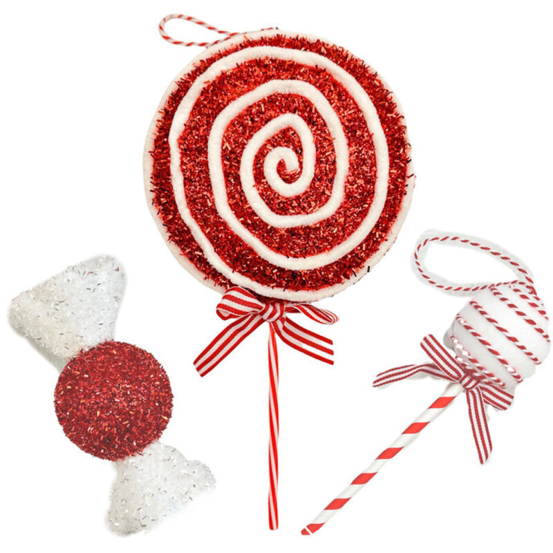 Ein dreiteiliges Set bestehend aus Christbaumschmuck, Lollis, Zuckerstangen und Süßigkeiten. Perfekt für Weihnachten, Hochzeiten und andere