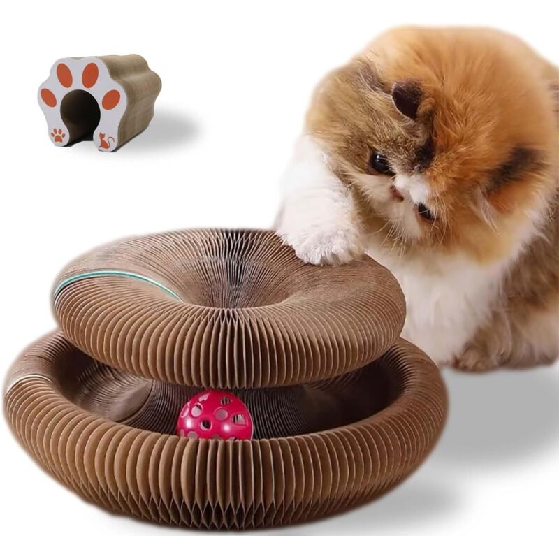 Ein Katzenkratzbaum mit einem Ball im Ziehharmonika-Stil, faltbares Design zur Förderung der Krallengesundheit, inklusive Ball und Glöckchen, ein
