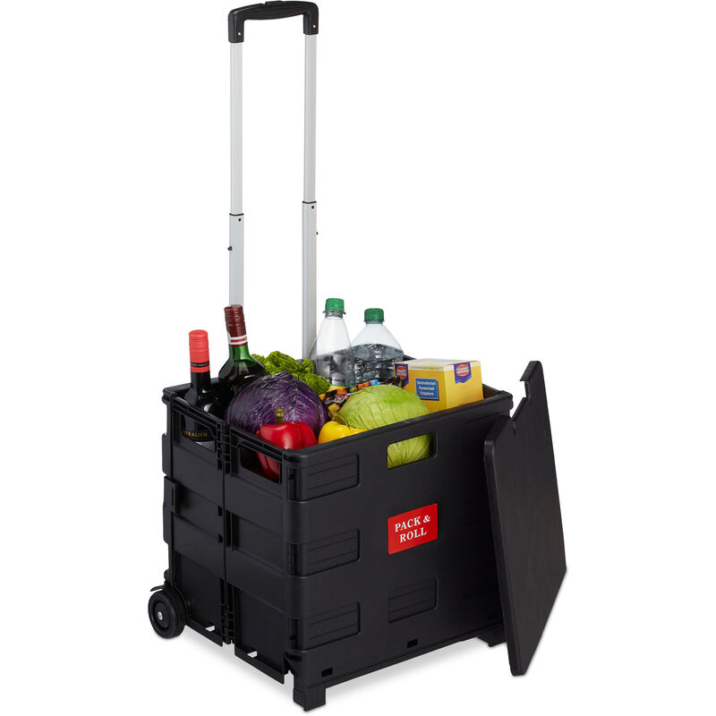 Relaxdays - Einkaufstrolley klappbar, mit Teleskopgriff & Deckel, Transporttrolley, bis 35 kg, hbt 99x45x38 cm, schwarz