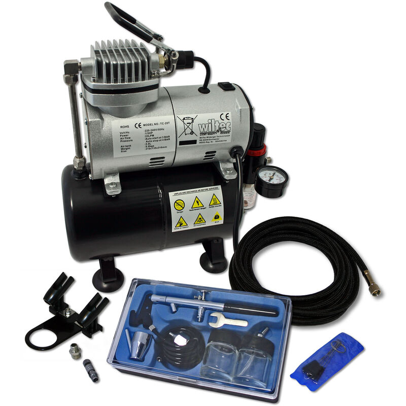 Wiltec Einsteiger Airbrush Kompressor Set AS186 mit 1 Airbrushpistole Typ 128 und umfangreichem Zubehör, 3 l Drucktank, für Modellbau, Tattoos,