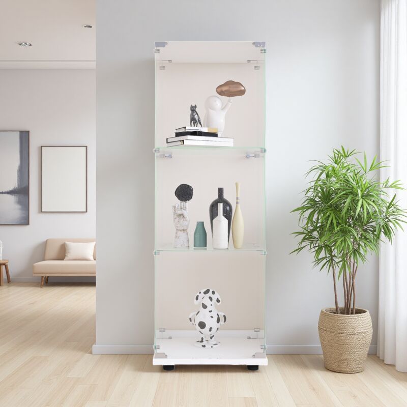 Eintürige Glasvitrine, 3 Regale, Glasvitrine mit Schloss, für Sammlerstücke, Bücher, Glasschließfächer für Büro, Wohnzimmer, Arbeitszimmer, Weiß