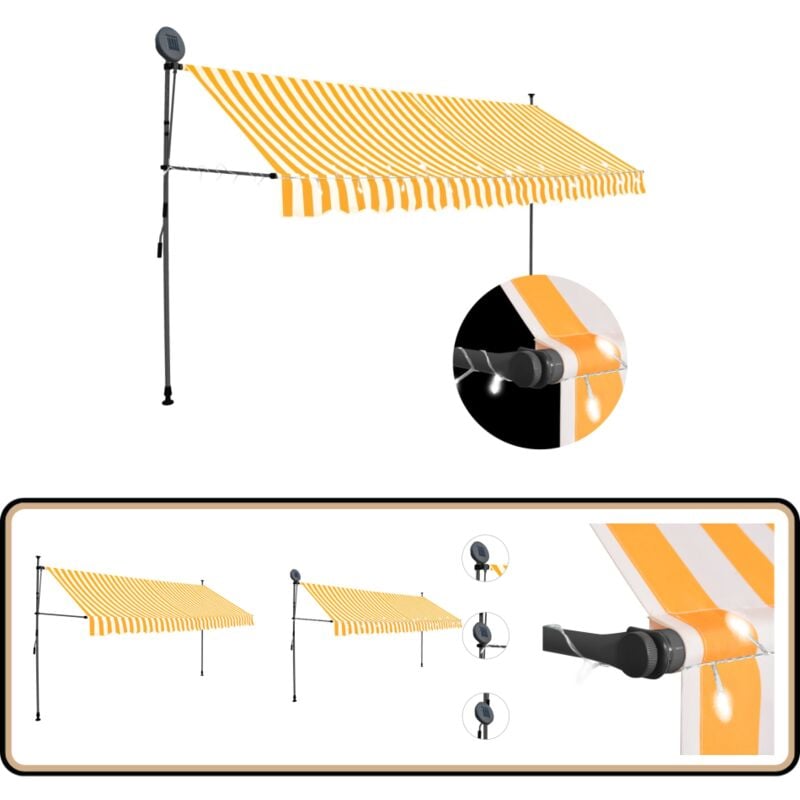 Einziehbare Markise Handbetrieben mit LED 350 cm Weiß Orange - Markise - Sonnenschutz - Gartendeckoration - Outdoor Möbel - Polyester Markise
