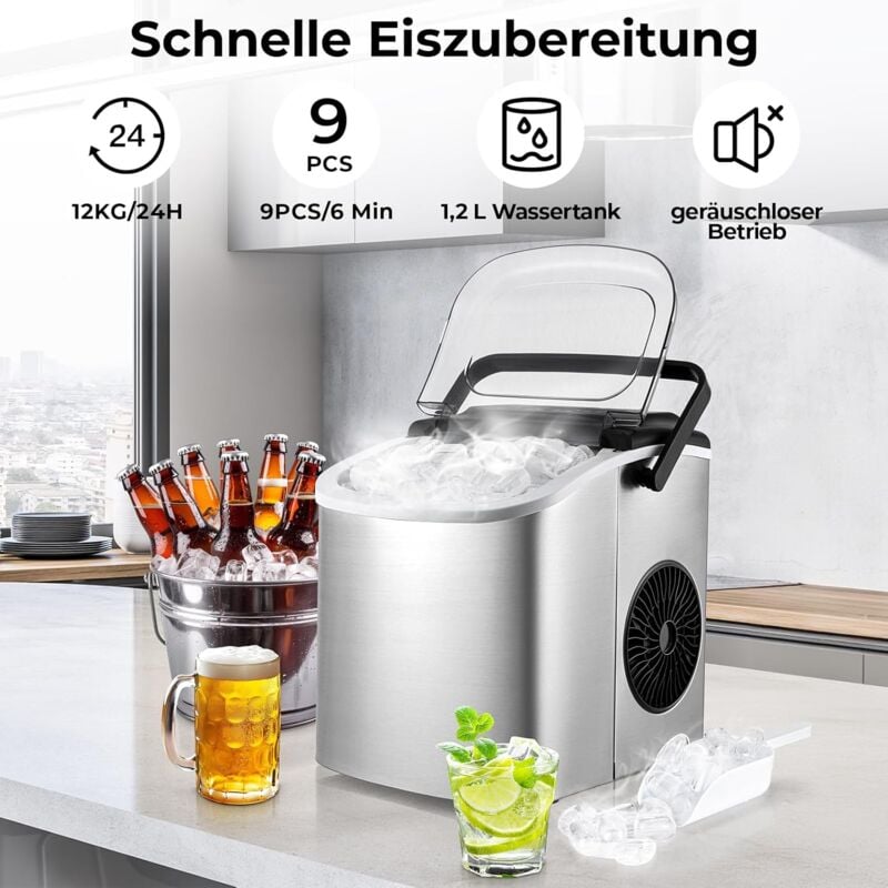 Eiswürfelmaschine aus Edelstahl Eiswürfelbereiter Icemaker 12 kg in 24 h,2 Eiswürfelgrößen,leise, selbstreinigend für Camping,Zuhause